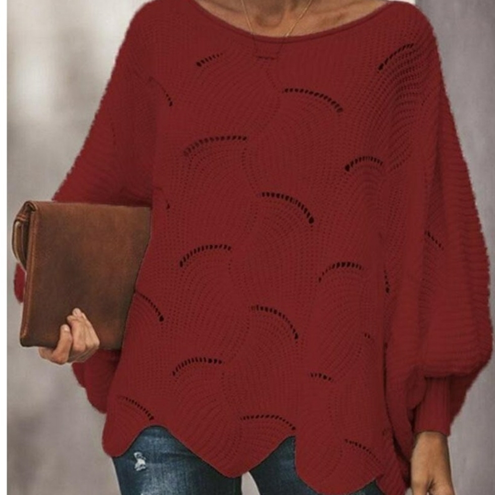 Open Knit Lantern Sleeve Scallop Hem